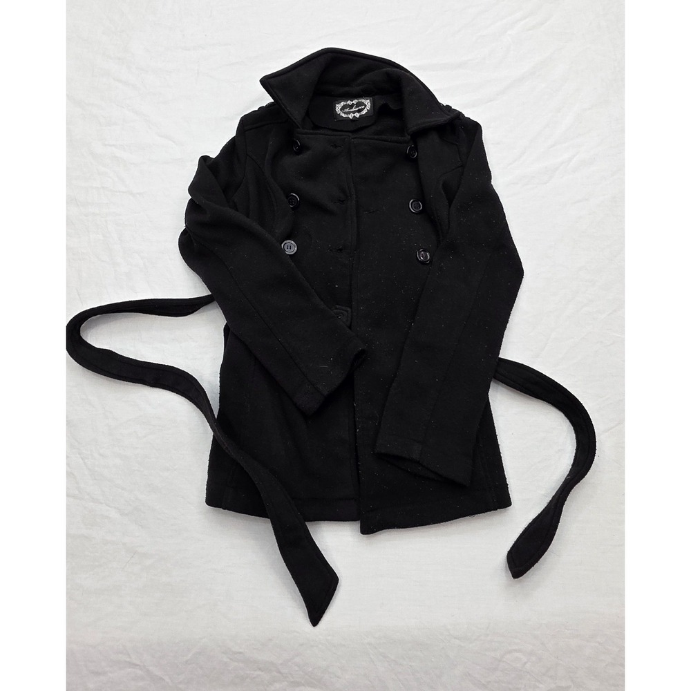 Ambiance Women's Black Peacoat Belted Trench Coat Size Small